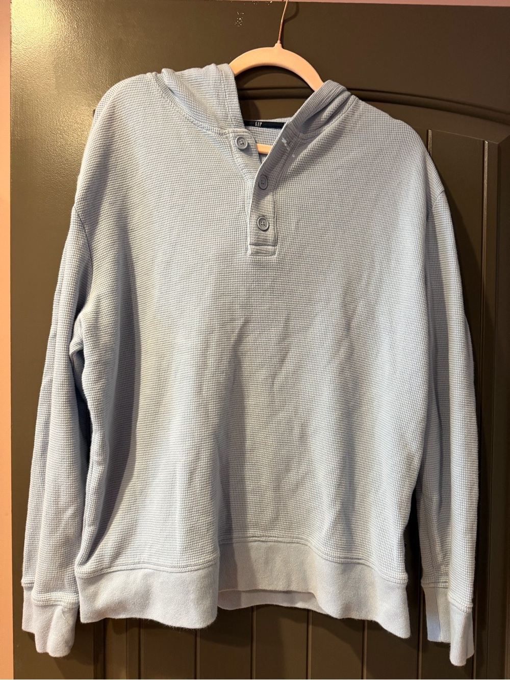 Women’s GAP 100% Cotton Waffle Knit Henley Hoodie – Light Blue – Size L